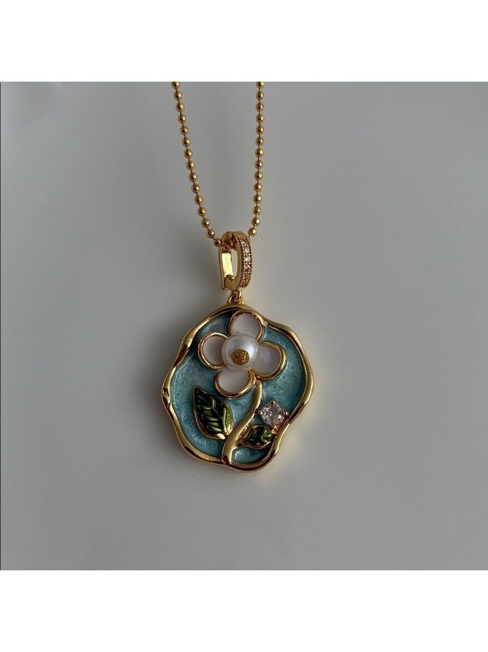 Green Enamel Flower Gold Necklace, Freshwater Pearl Necklace, Handmade Pendant